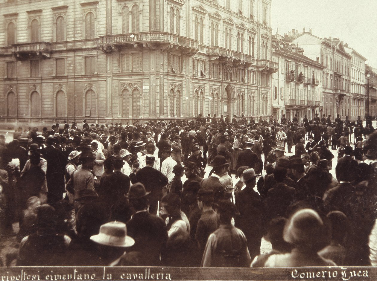 Citizens challenge the Cavalry of General Bava Beccaris, during the riots of Milan, 6th-9th May 1898 by Italian School