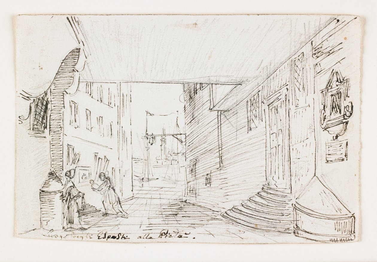 City Street in Genoa, with the Lighthouse and Port in the Background, Early 19th Century by Italian School