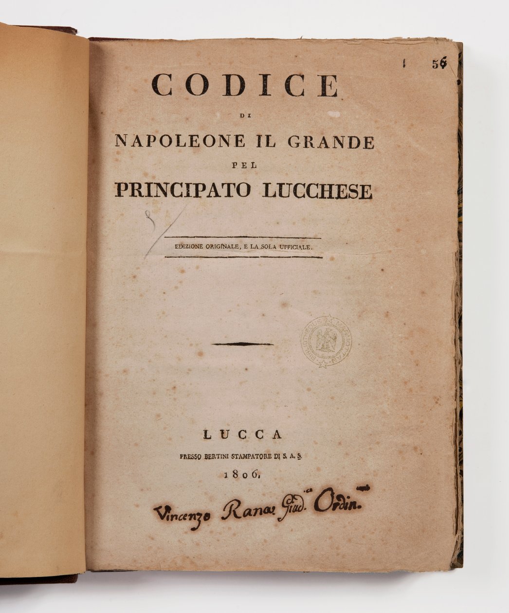 Code of Napoleon the Great for the principality of Lucca, first official edition, Lucca, Presso Bertini, 1806, and the rural code for the principalities of Lucca and Piombino, Lucca, Fr. Bertini, 1807 by Italian School