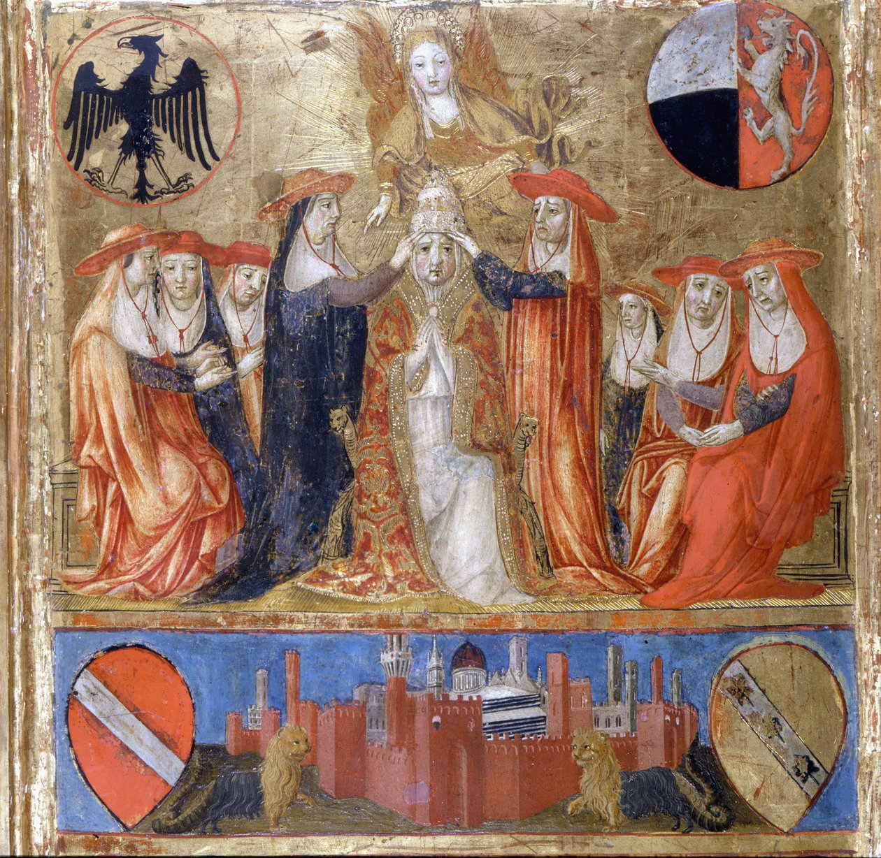 Coronation of Pius II (Enea Silvio Piccolomini). Italian Pope (1458 - 1464). Downstairs is the fortified city of Siena. Bicherna (cover of the accounting register of the city of Siena) from 1460. National Archive - Museo delle Tavolette de B by Italian School
