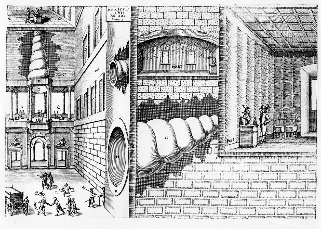 Device for listening to conversation in a piazza, illustration from Musurgia Universalis by Athanasius Kircher published in Rome, 1650 by Italian School
