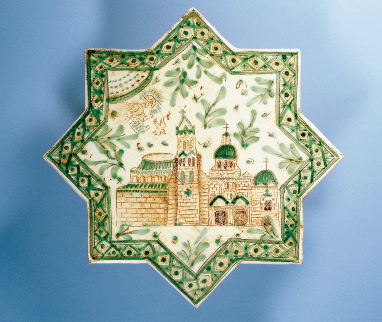 Eight-Pointed Tile Depicting Frederick II on Throne in Centre, Decorative Ceramic, Alessi Manufacture, Caltagirone, Sicily, Italy, 20th century by Italian School