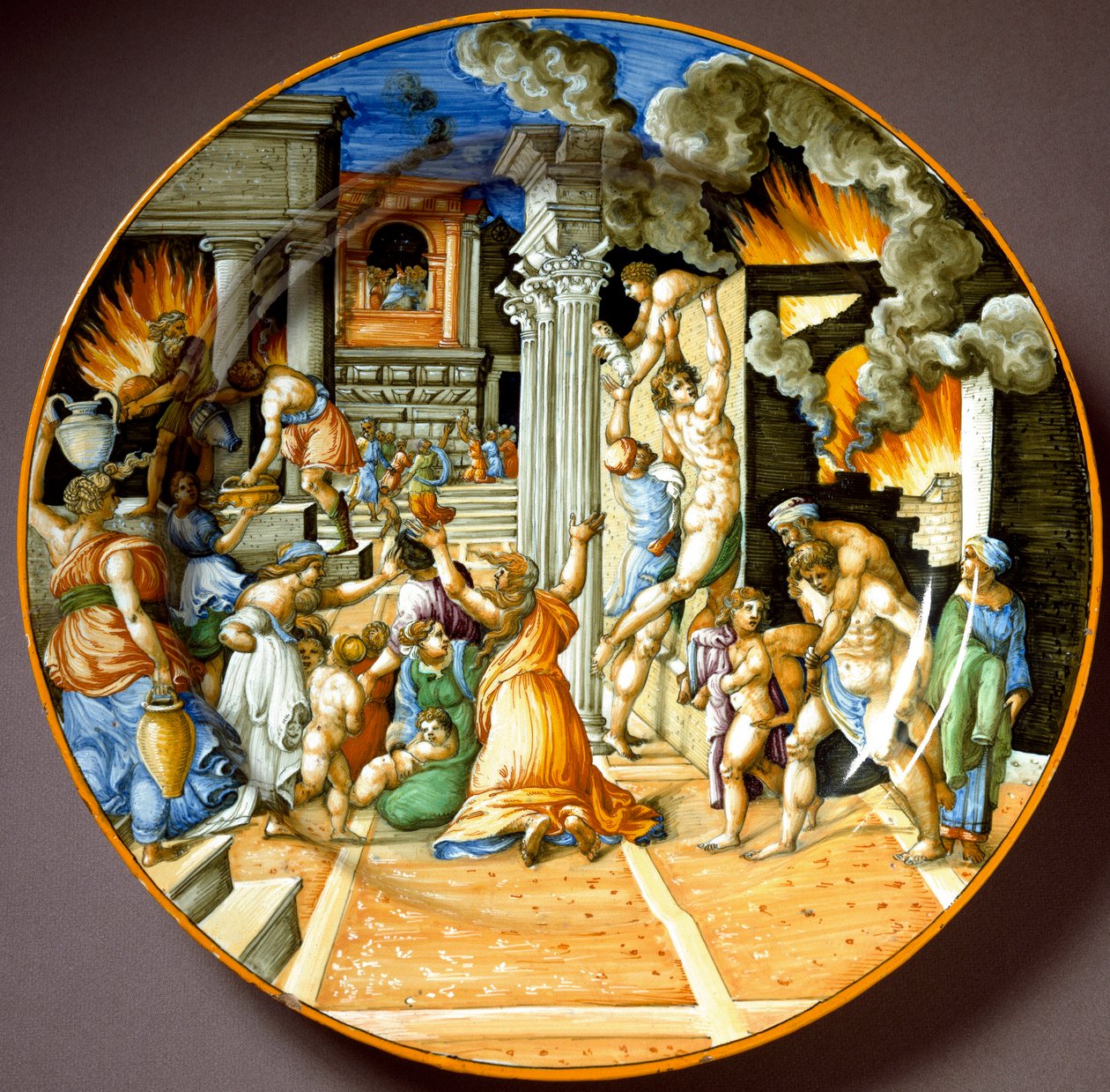 Aeneas and his father Anchises during the burning of Troy. Ceramic plate from Urbino. Circa 1560. National Museum of Bargello, Florence, Italy by Italian School