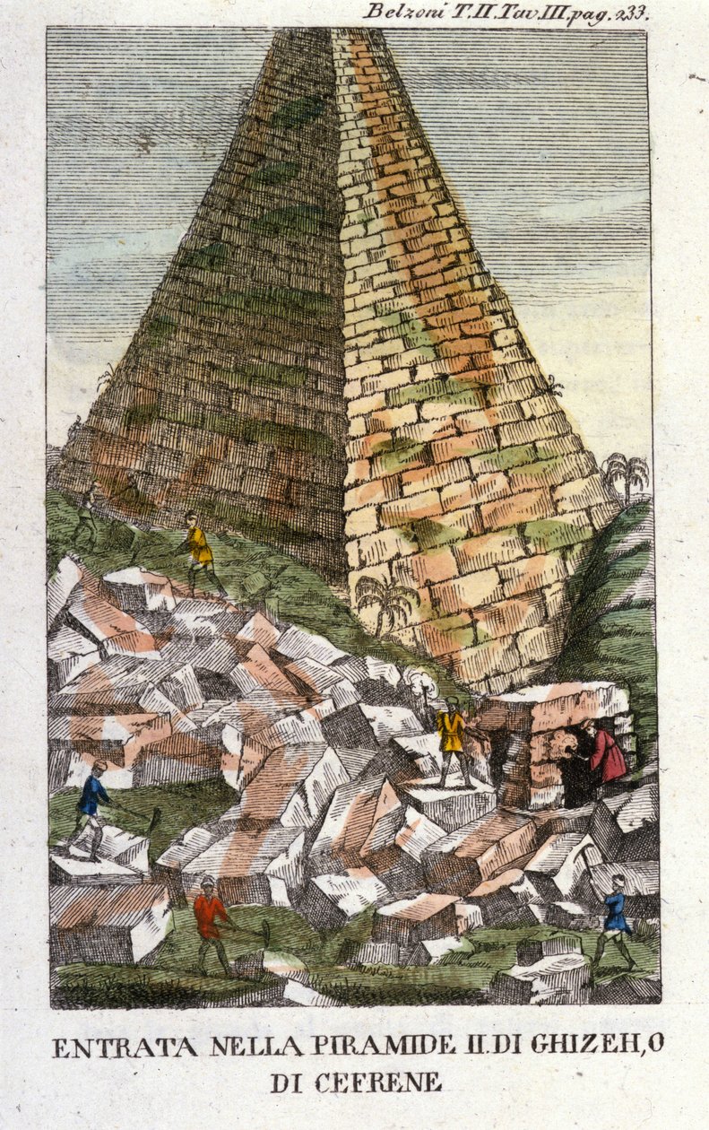 Entrance of Belzoni into the Pyramid of Giza or Chephren (Old Empire). Giovanni Battista (Gianbattista) Belzoni (1778-1823), Italian explorer and archeologist, made important archeological discoveries in Egypt. Engraving by Italian School