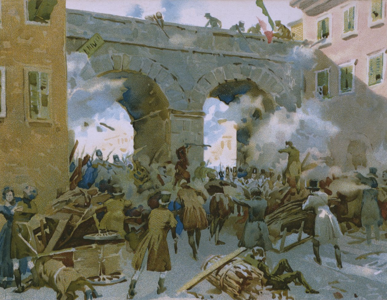 Events from 18th to 22nd March 1848, Milanese chasing out Austrians, illustration from an album on the history of Risorgimento made for the chocolate Talmone by Italian School