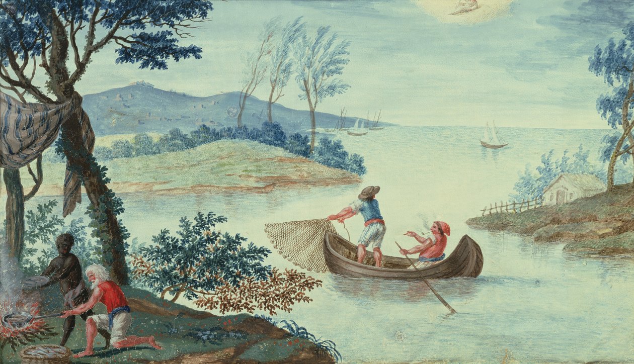 Fishing scene depicting the month of July, one of a series of twelve by Italian School