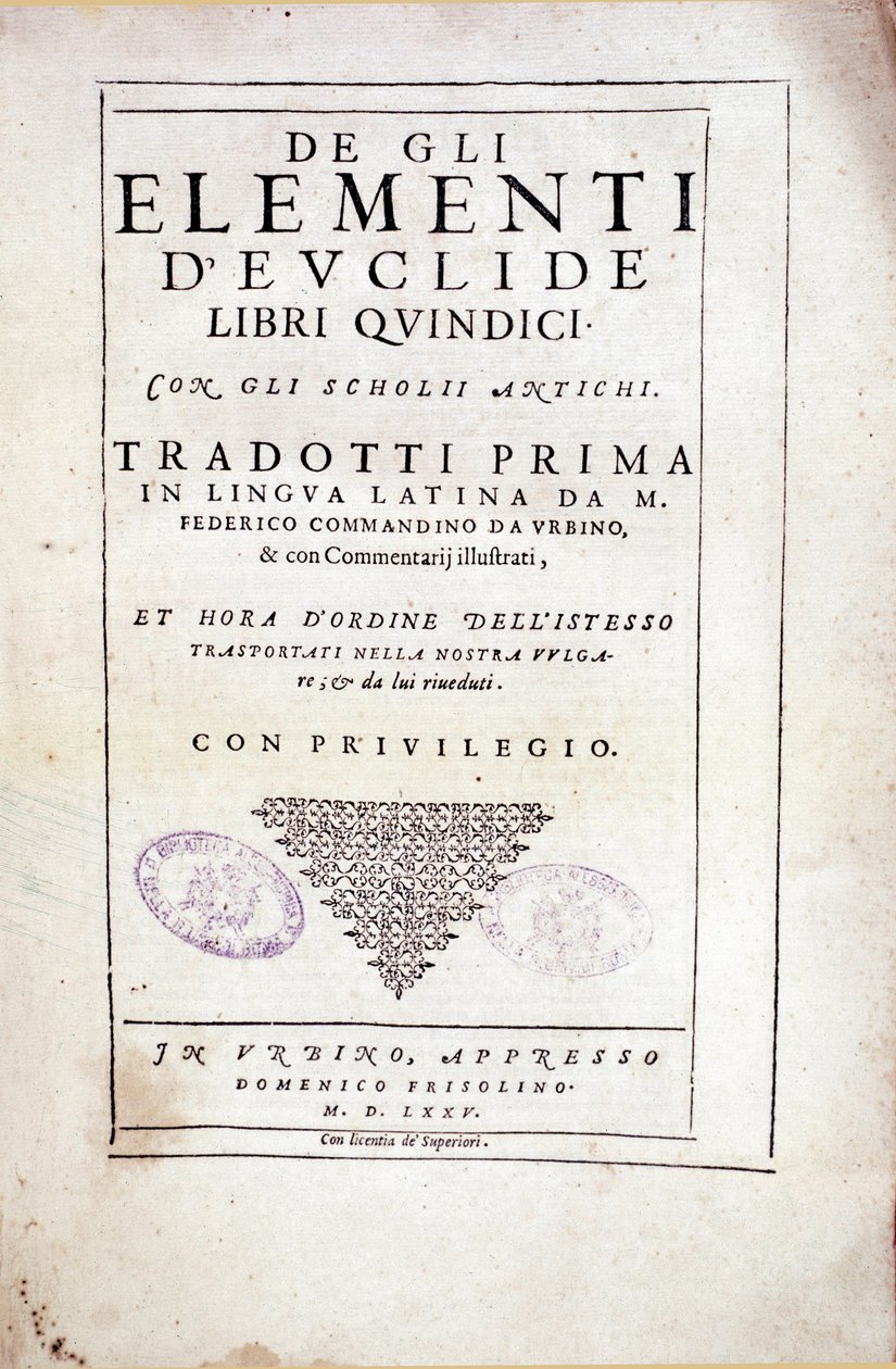 Frontispiece of volume XV Elements by the Greek mathematician Euclid (3rd century BC) by Italian School