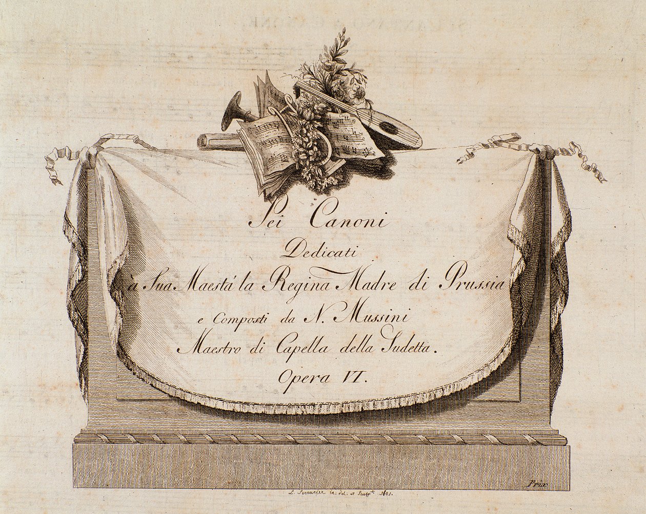 Frontispiece of musical score of Sei canoni dedicated to the Queen of Prussia by Italian School