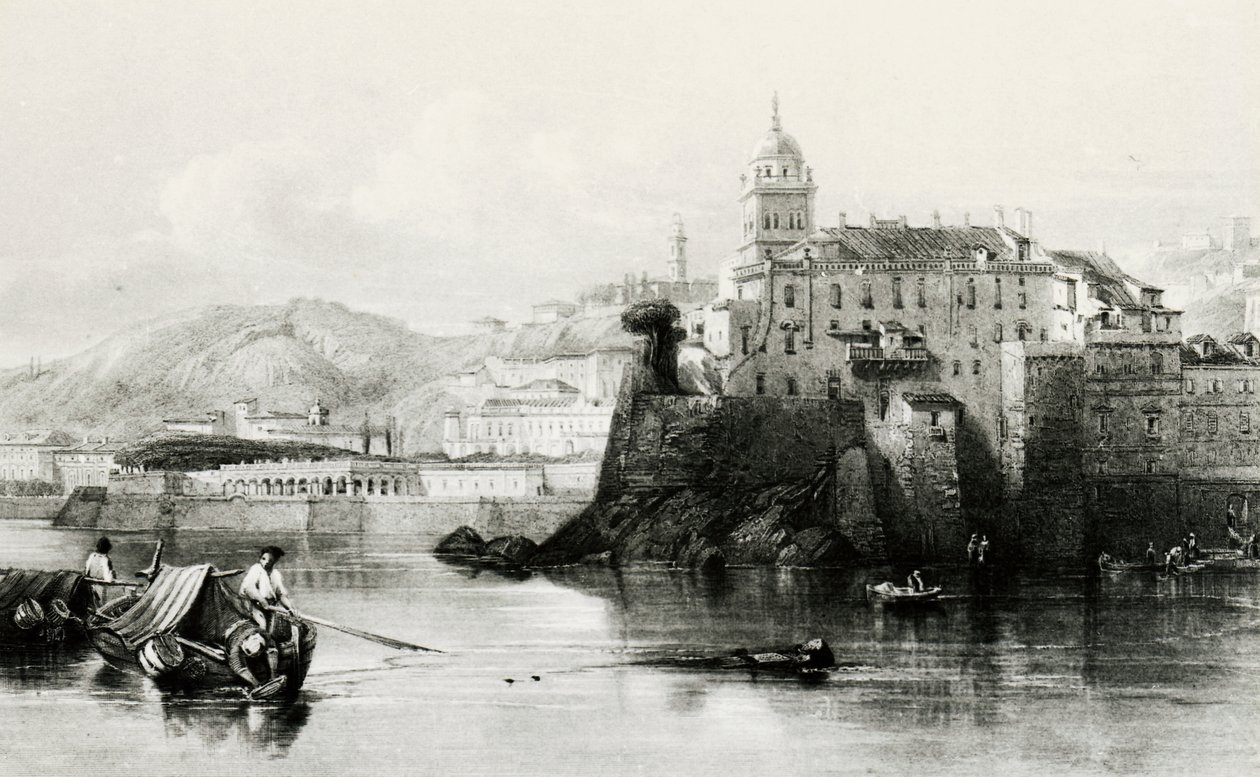 Genoa marina wall with Villa Doria Pamphili in background, engraving, Italy by Italian School
