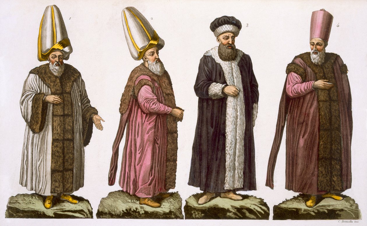 Grand Visir, Caim-Mecam, Reis-Efendi and Khodjakian, plate 15 from Part III, Volume I of The History of the Nations, engraved by C. Botticella by Italian School