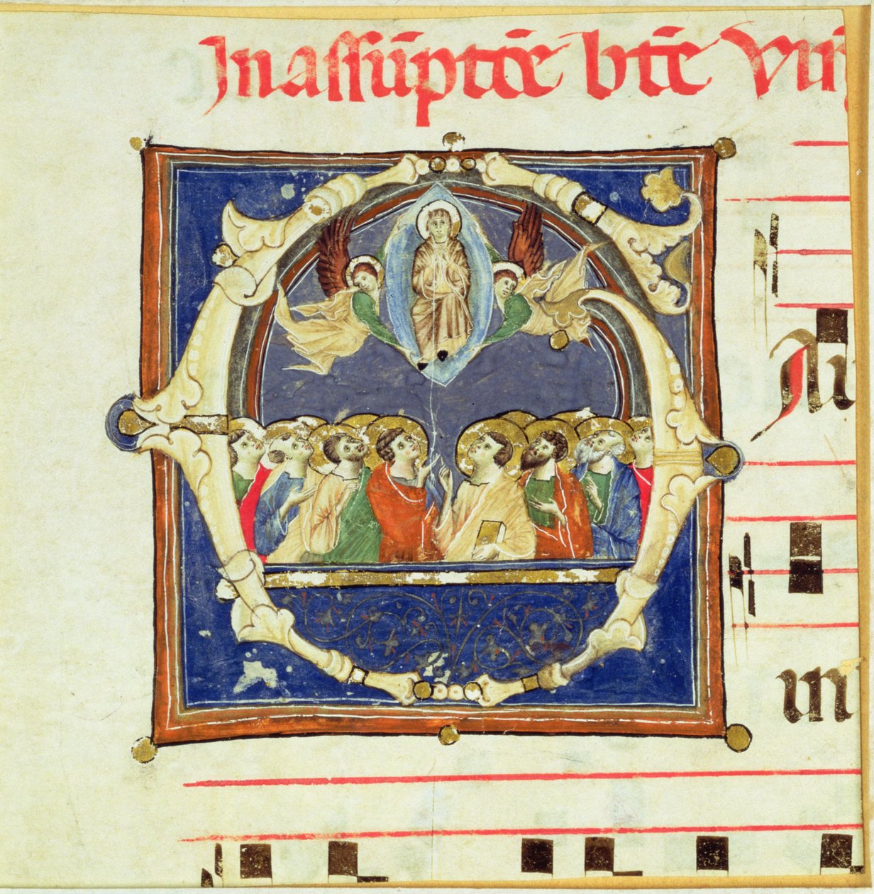 Historiated initial G depicting the Assumption of the Virgin