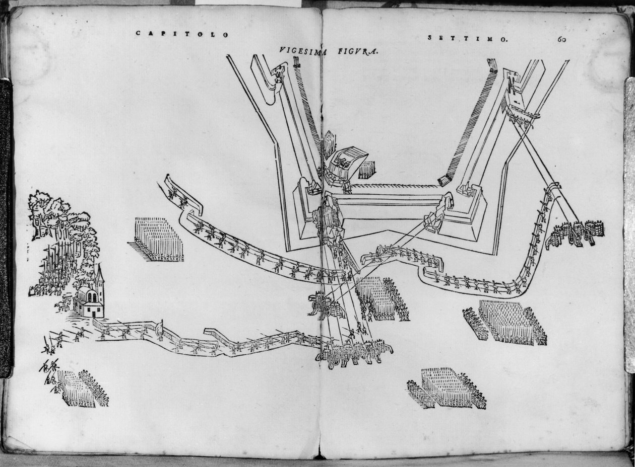 How to adjust the firing posts and how to choose the angle of the walls, illustration from Opera nuova di fortificare by Girolamo Cataneo Novarese (fl. c.1540-84) Brescia, 1564 by Italian School