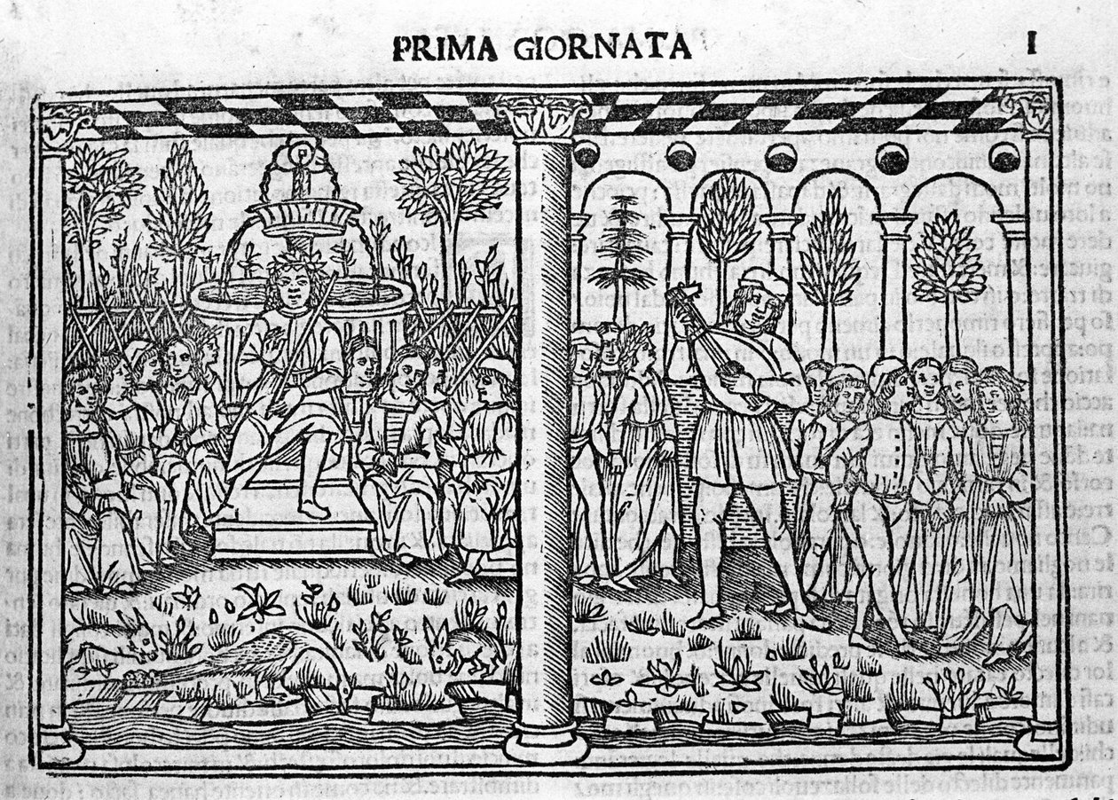 Introduction: representation of the author of Decameron surrounds ten young people. Illustration of the first day of the Decameron (1349-1351) by Giovanni Boccaccio by Italian School