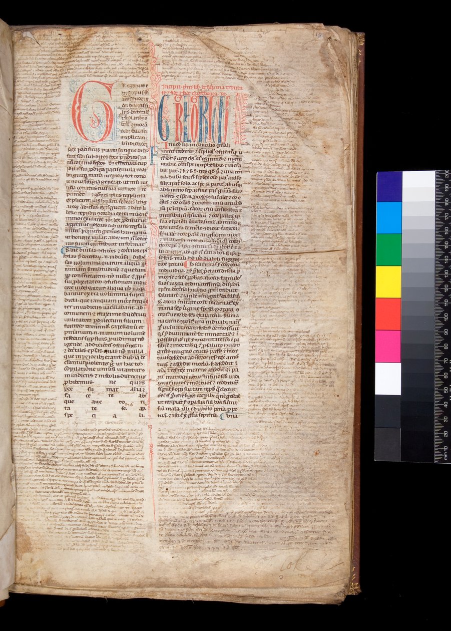Ms 213. Gregory IX, Decretales with Apparatus by Bernardo Botone of Parma, F.1r. Initial [G] in Red with Reserved and Blue Penwork Decoration by Italian School