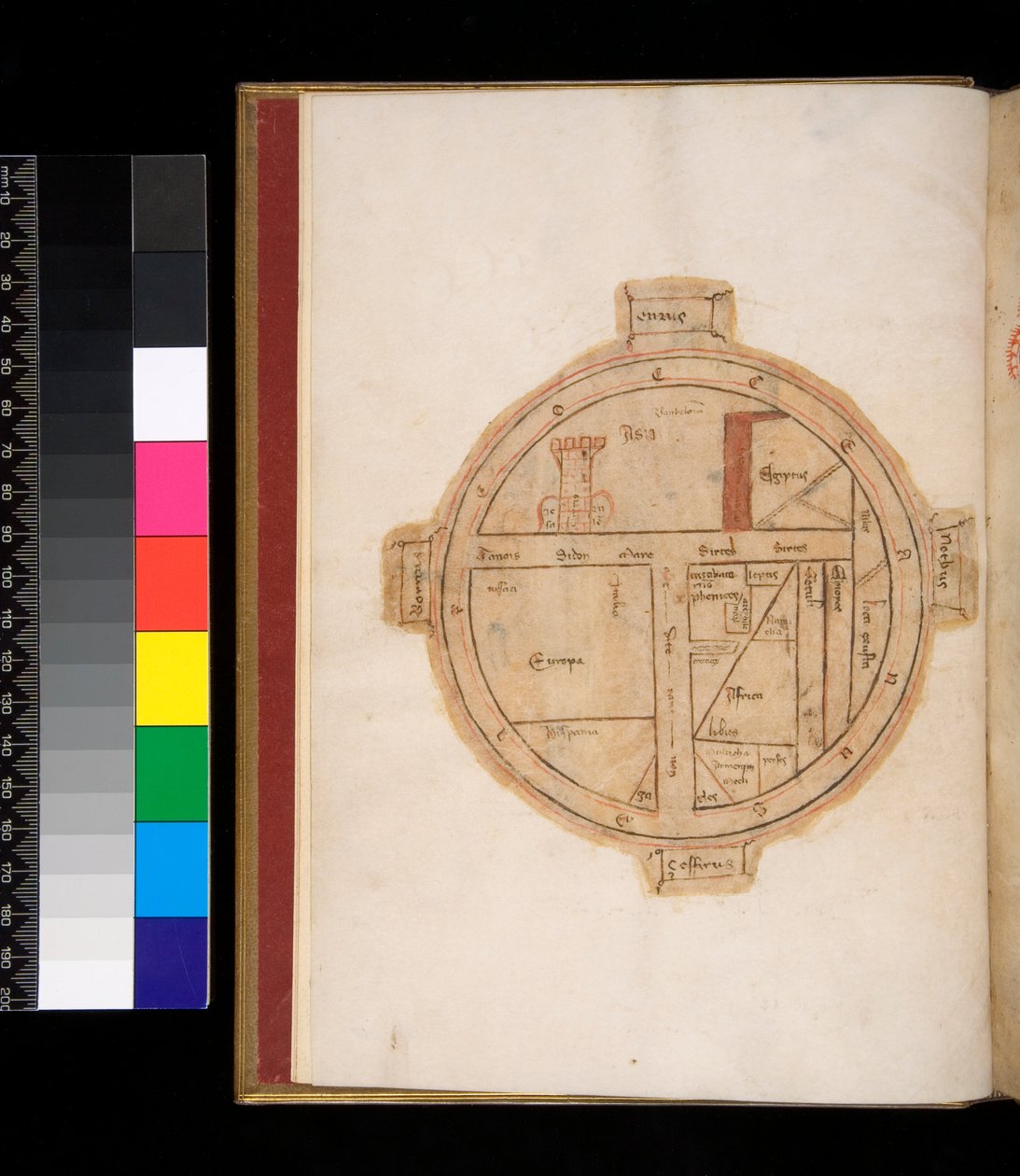 Ms 315. Horace, Ars Poetica and Epistulae, f.1v. T-O Map of the World, with a Tower Representing Jerusalem by Italian School