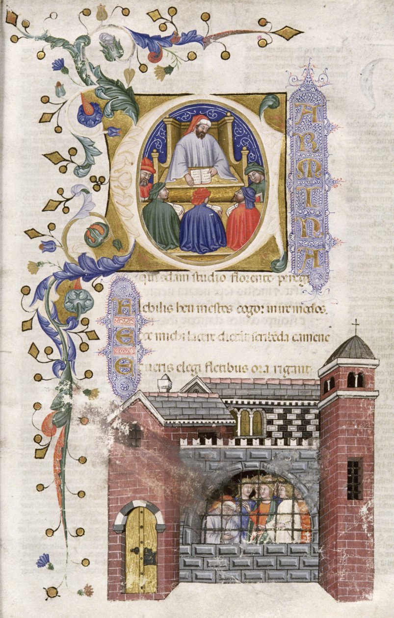 Boethius with Students in Prison, from De Consolatione Philosophiae cum Commento, 1385 by Italian School