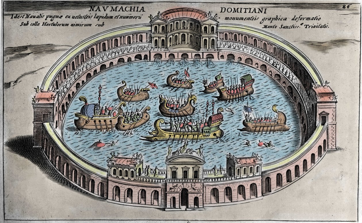 Naumachia, naval combat in an amphitheatre in Rome. by Italian School