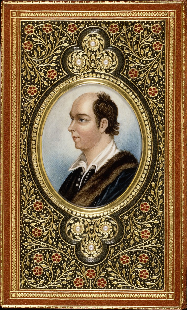 Oval miniature portrait of Oliver Goldsmith, framed with gilt trefoils set with three pearls by Italian School