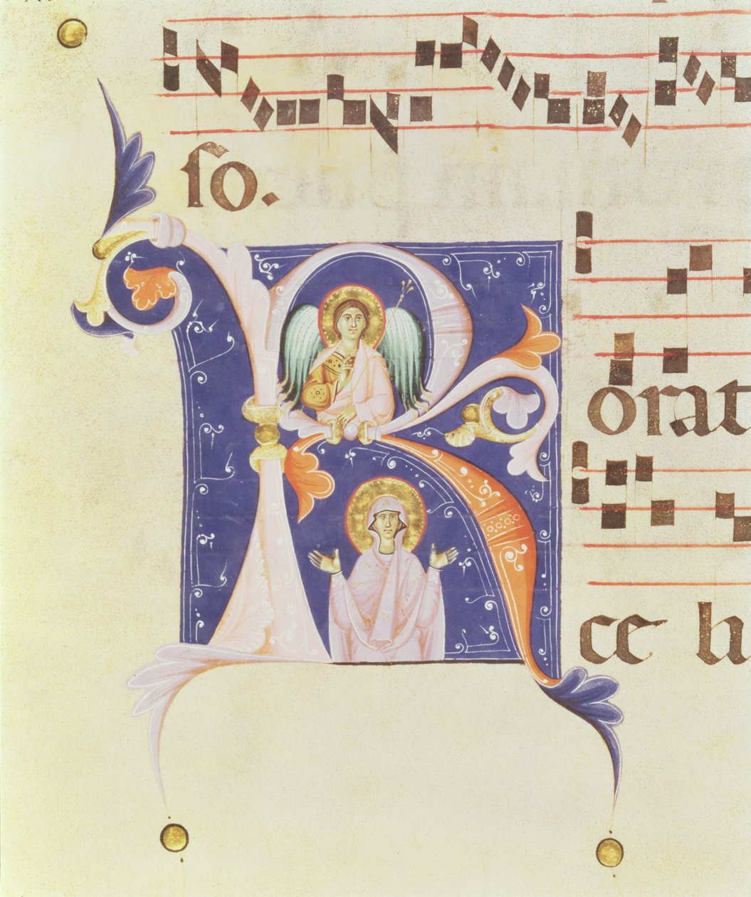 Historiated Initial 'R' Depicting an Angel and a Female Saint