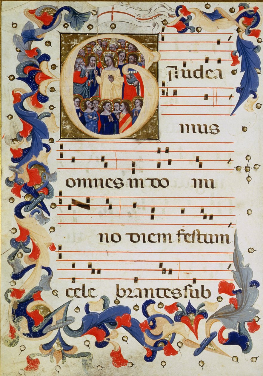 Page of musical notation with a historiated initial G depicting a group of saints with St. Ursula in the middle, Bolognese School by Italian School
