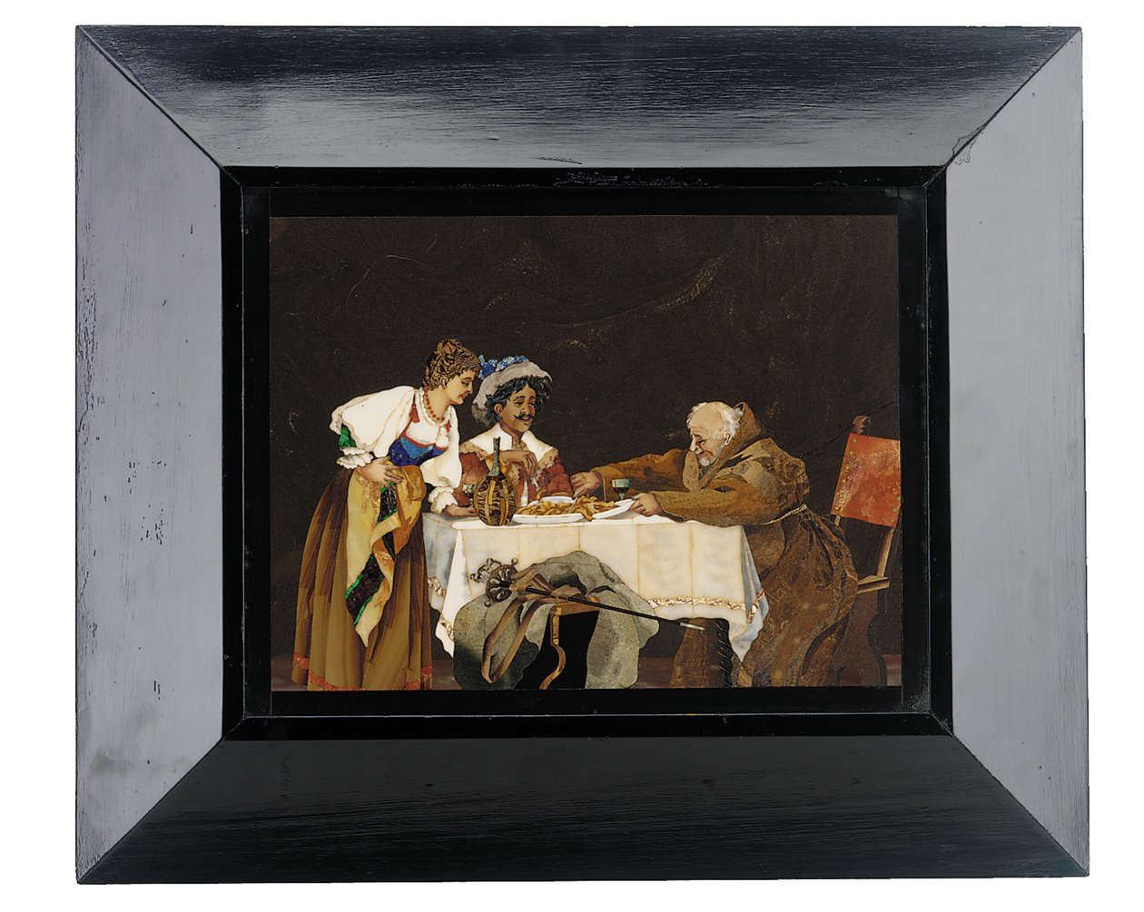 Panel depicting a cavalier and a monk at a dinner table with a lady in attendance, Menegatti, Florence, late 19th century by Italian School