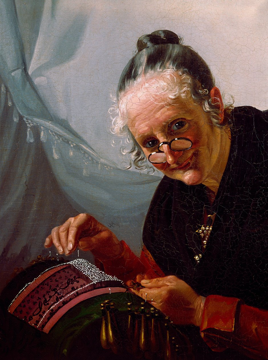 Portrait of an old woman smiling with a pair of lorgnons in front of her work by Italian School