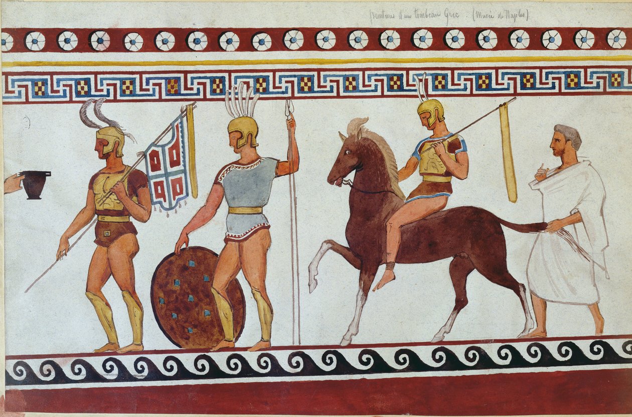Reconstruction of tomb painting from Paestum depicting Greek foot soldiers and cavalry by Italian School