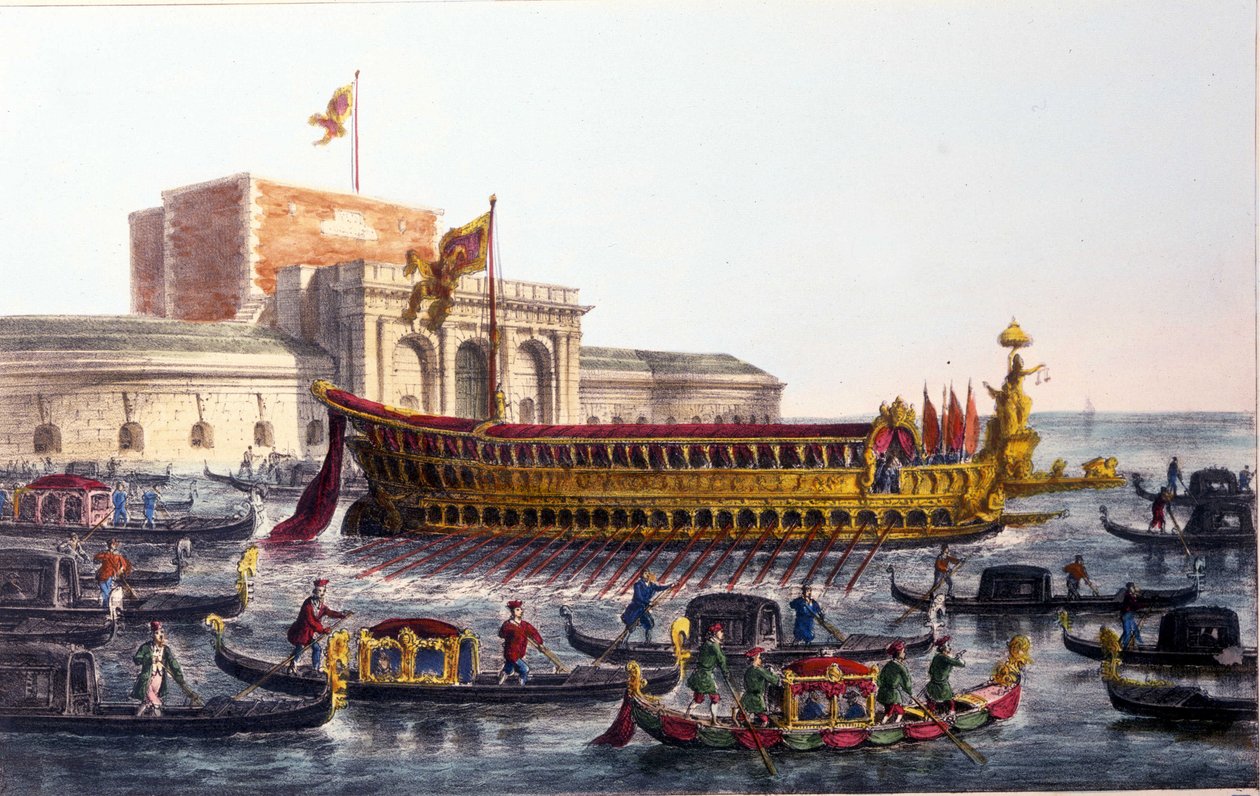 Representation of the Bucentaur. On Ascension Day, the Doge crossed the Venice lagoon to reach the mouth of the open sea aboard a ship called the Bucentaur by Italian School