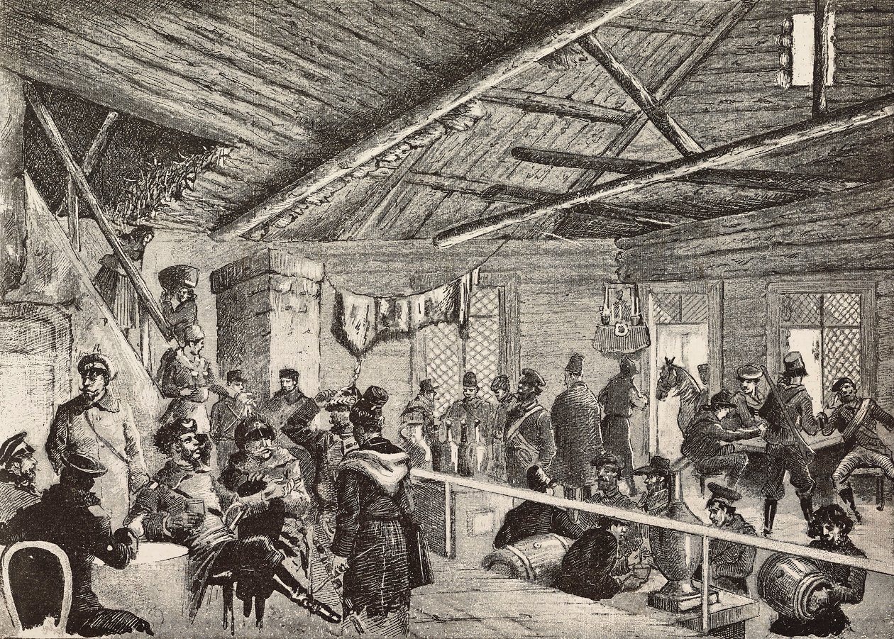 Russian soldiers in tavern near Warsaw fortifications, Poland, engraving from L