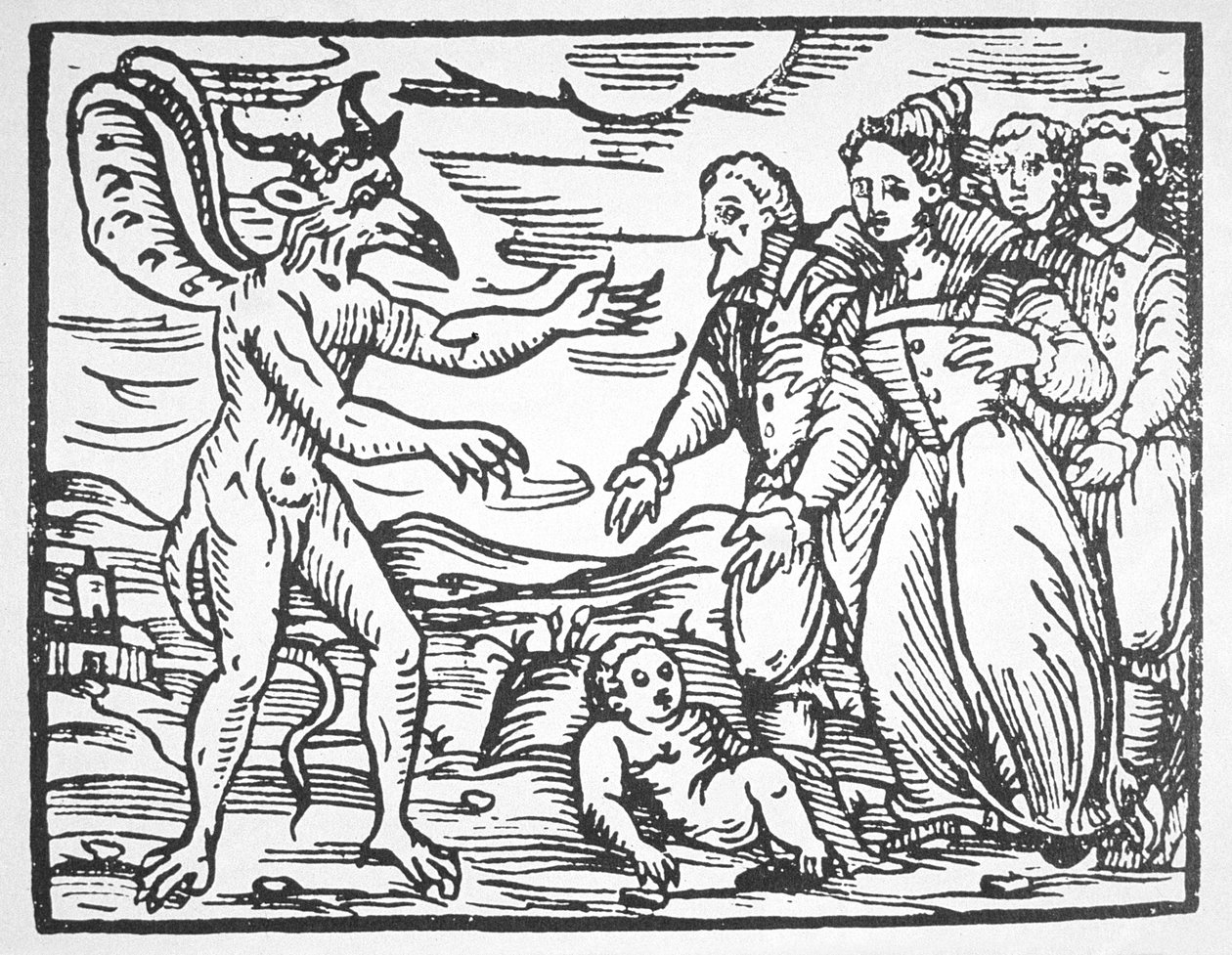 Sorcerers presenting a child to the Devil, from Compendium Maleticarum by Fr M Guaccius (1608) illustrated in a history of magic published late 19th century by Italian School