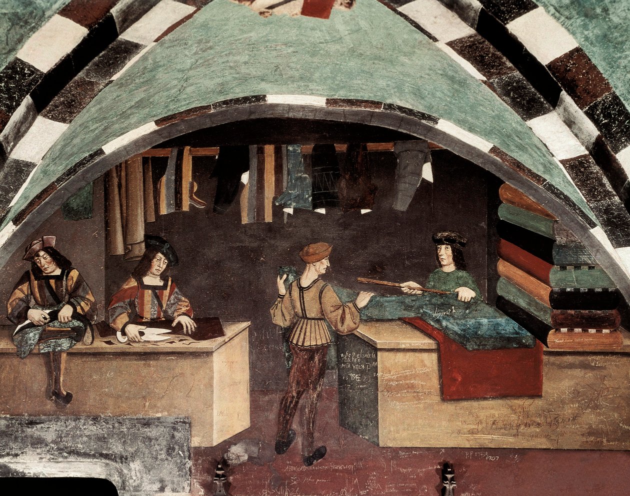 Tailor shop. One man is sewing, another is cutting the fabric and a third is selling the textile to a client. Fresco Castle Issogne (15th century) by Italian School