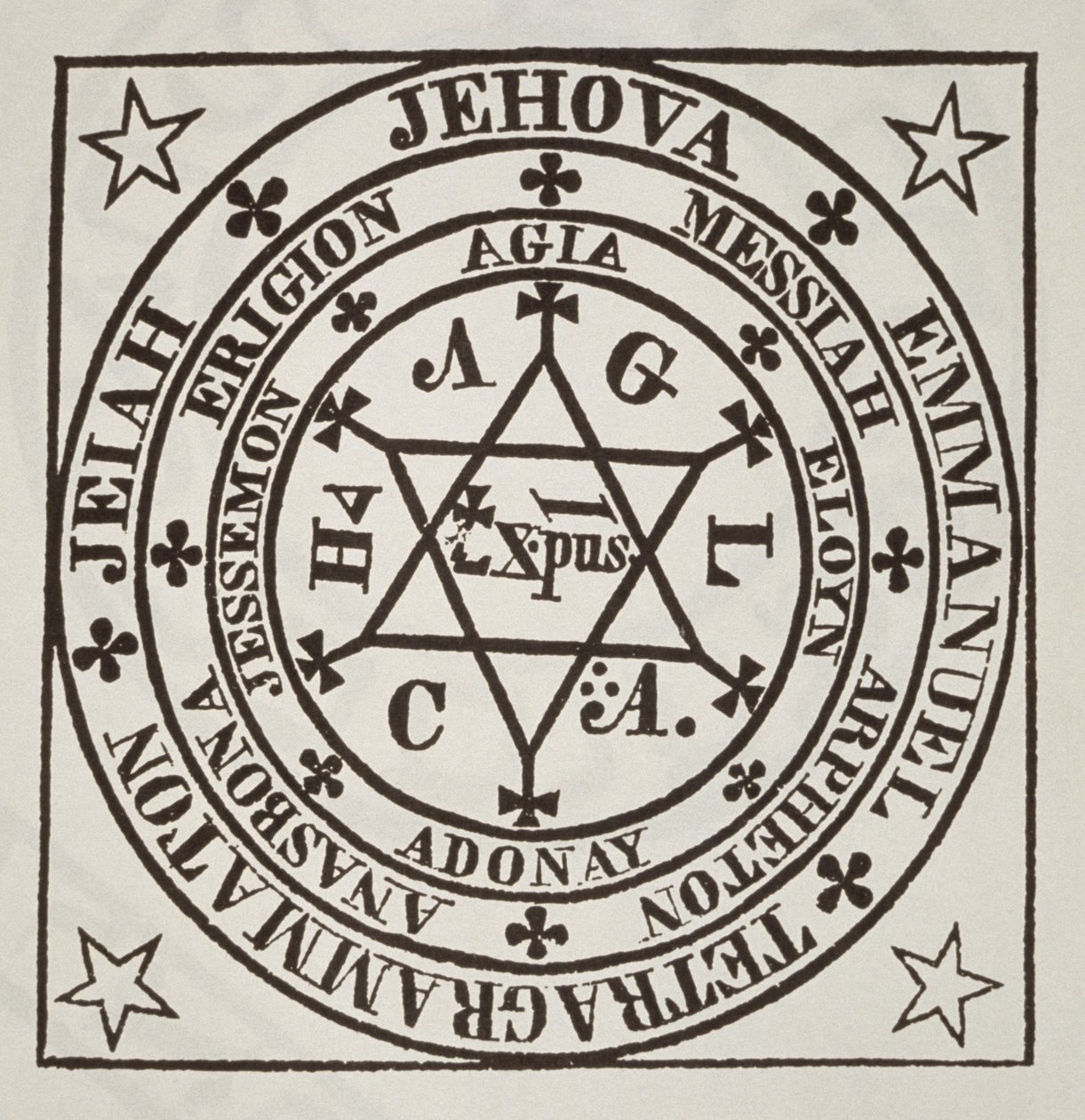 The Great Magic Circle of Agrippa for the Evocation of Demons, copy of an illustration from Les Oevres Magiques de Henri Corneille Agrippa, Rome 1744, used in a History of Magic, published late 19th century by Italian School