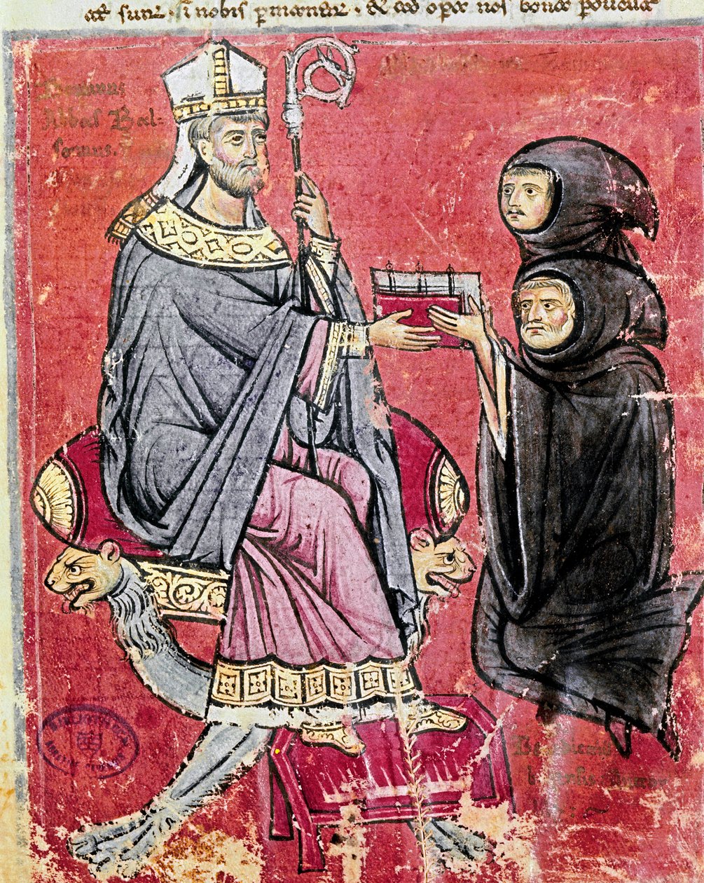 The monk Benedetto da Bari handing over his codex De Septem Sigillis to the abbot Balsamo (13th century) by Italian School