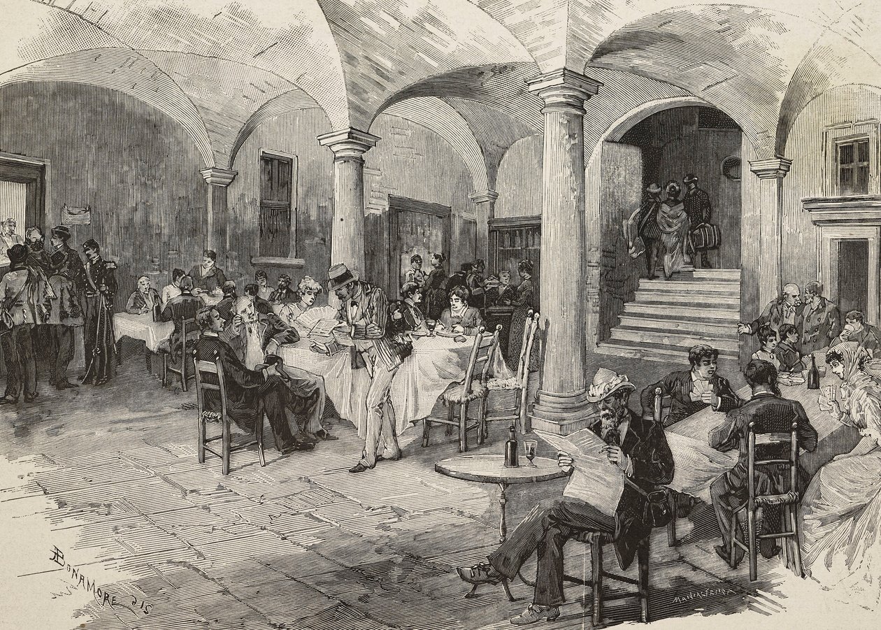 Third-class passengers and first-class quarantined passengers, disinfecting luggage, Quarcino castle, on the Swiss border, cholera epidemic, Italy, engraving by Mancastropa from drawing by Bonamore, from L