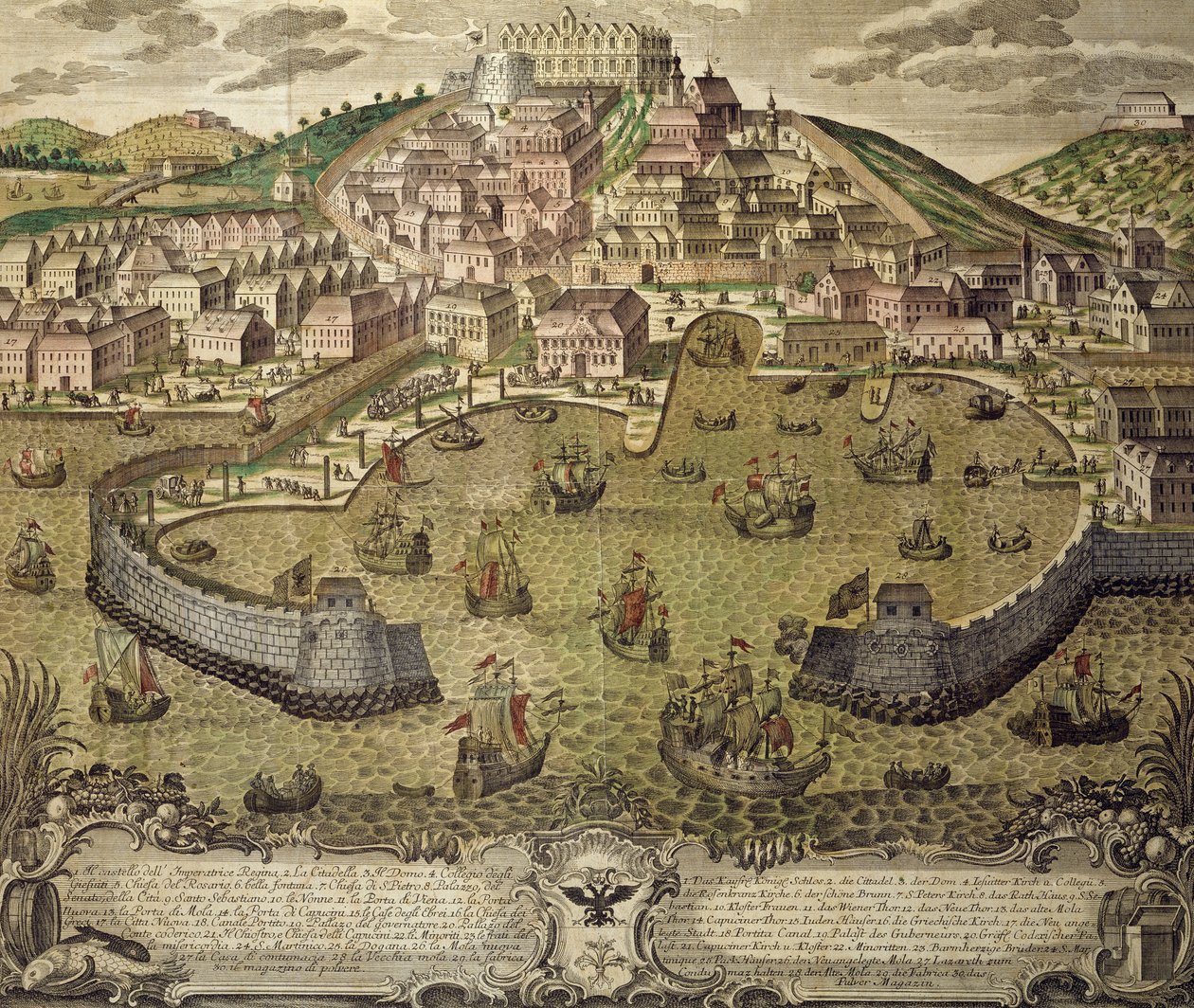 Trieste city and its free port, colored engraving, Italy