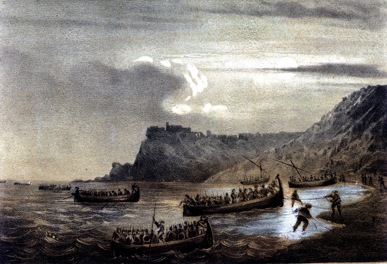Unite of Italy: expedition of the Thousand or Red Shirts led by Giuseppe Garibaldi (1807-1882). The departure of the first fleet of Garibaldians towards Calabria at Fort Stella. Lithograph of the 19th century by Italian School