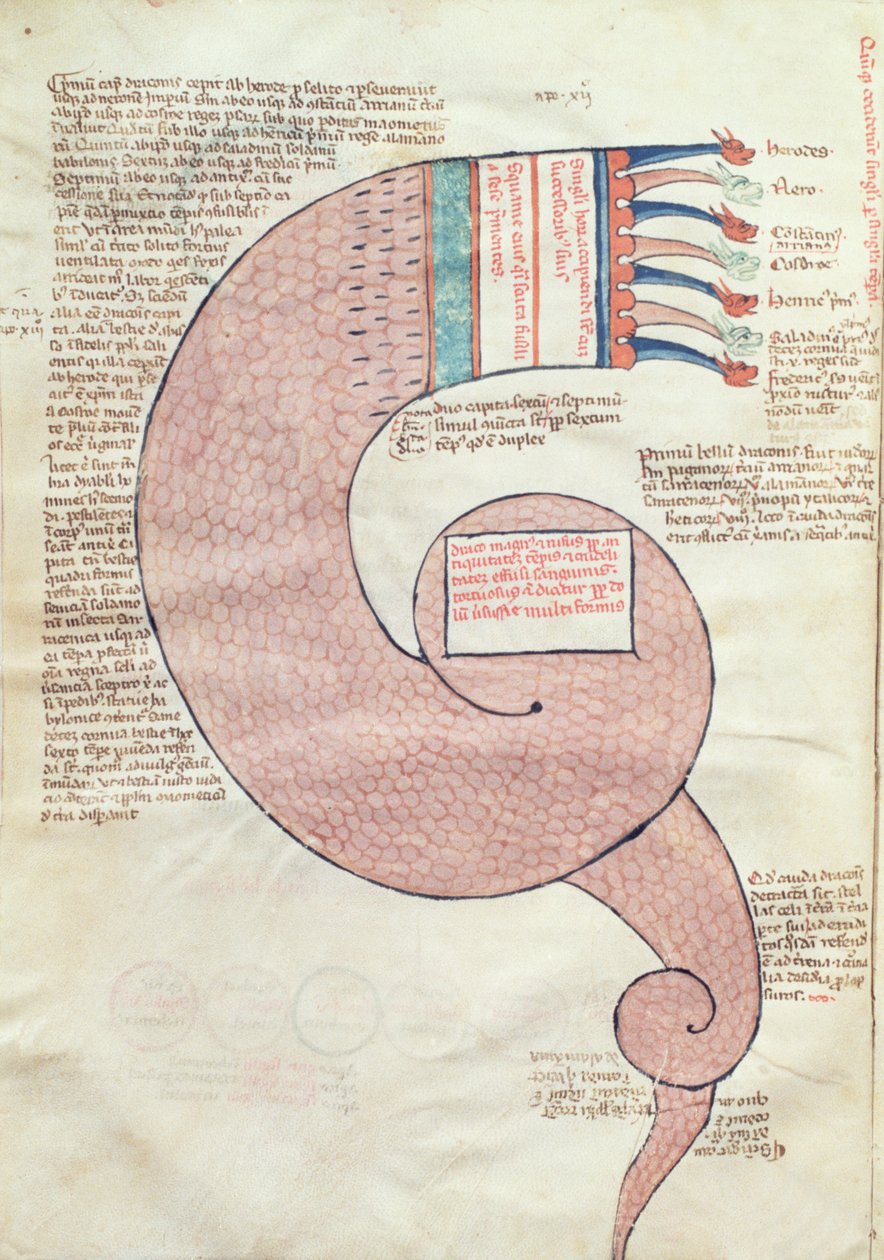 Page of Text with an Apocalyptic Dragon, from Liber Figurarum e le Proemisssiones Gioachimitiche by Joachim of Flora by Italian School