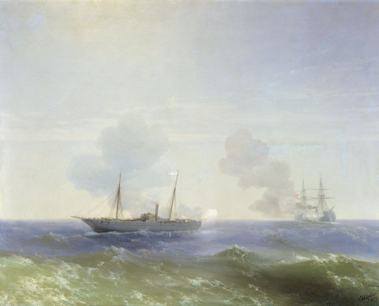 Fight of the Steamer Vesta with the Turkish Battleship Fehti-Bulend in the Black Sea on July 11, 1877 by Ivan Aivazovsky