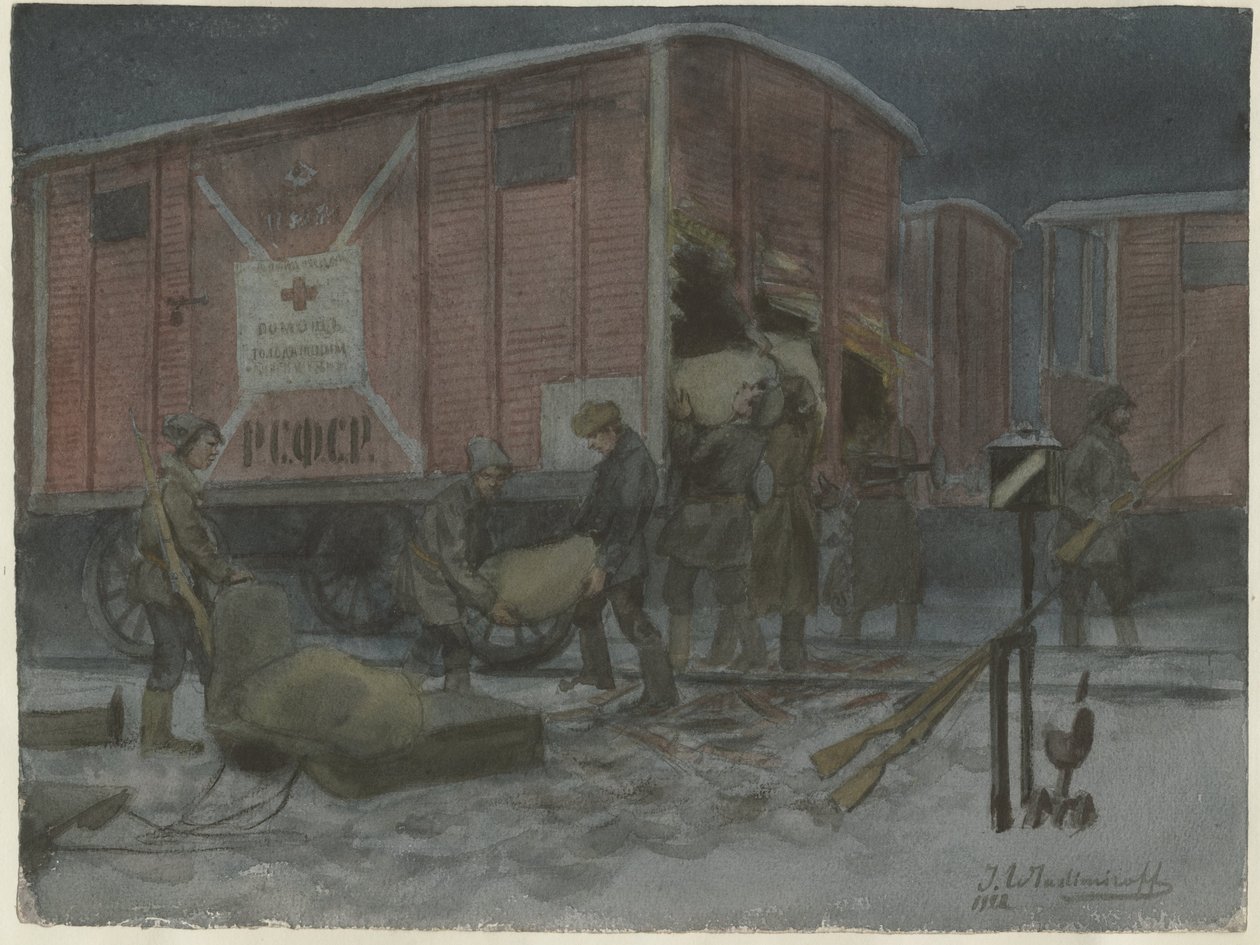 Soldiers plundering a railway wagon from the series of watercolors Russian revolution, 1922 by Ivan Alexeyevich Vladimirov
