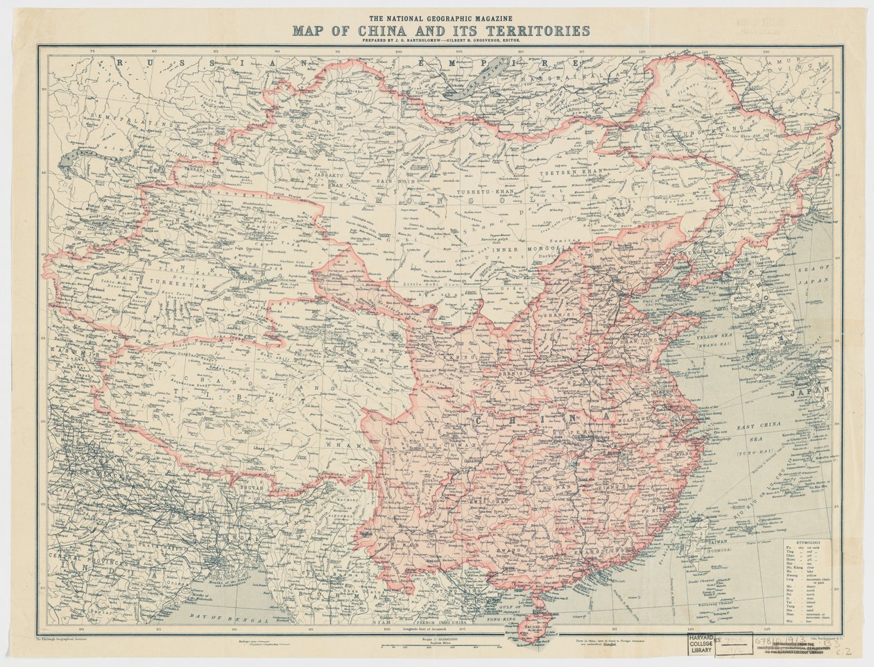The National Geographic Magazine Map of China and Its Territories by J. G. Bartholomew
