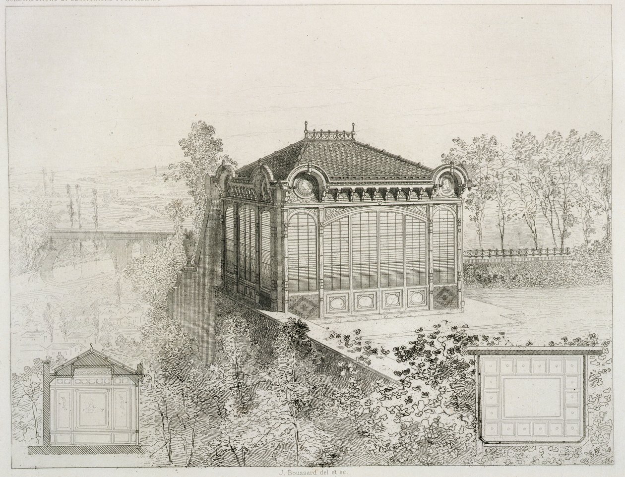 Plans and elevation of a garden pavilion by J. Boussard