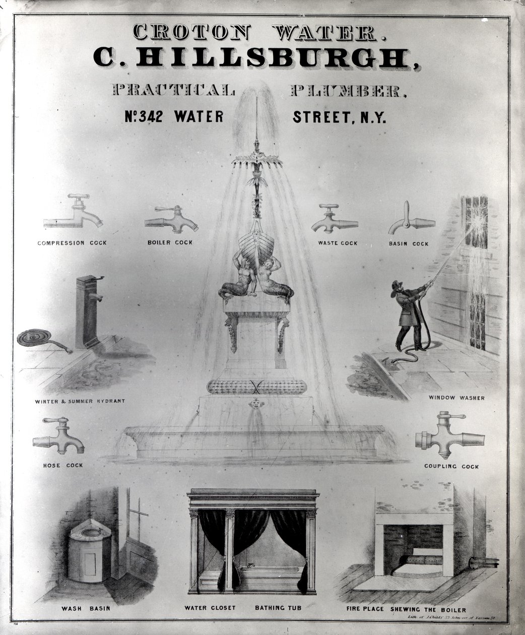 Croton Water. C. Hillsburgh, Practical Plumber, No. 342 Water Street, New York, 1840s by J. Childs