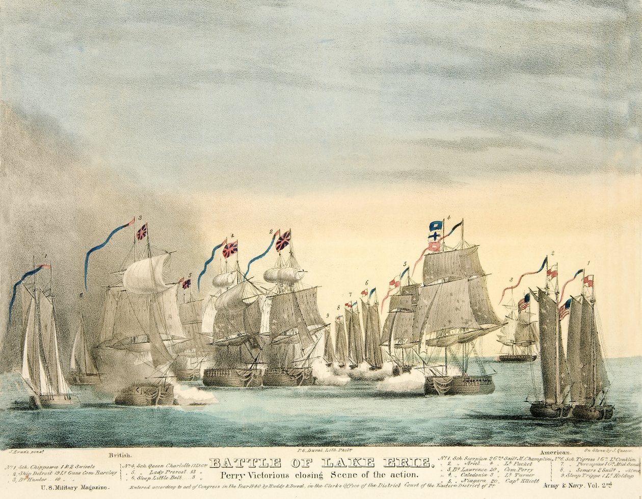 Battle of Lake Erie. Perry Victorious Closing Scene of the Action from Army and Navy Magazine, pub. 1840 by J. Evans