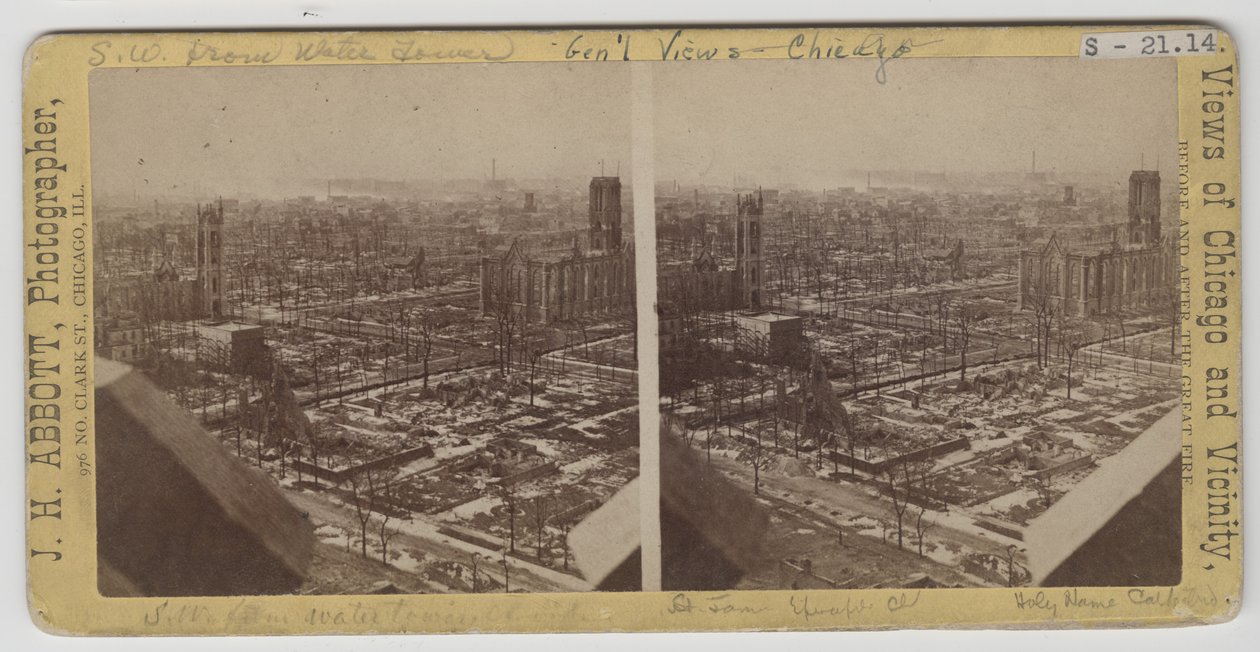 Stereograph of view southwest from Water Tower after the Chicago Fire of 1871 by J. H. Abbott