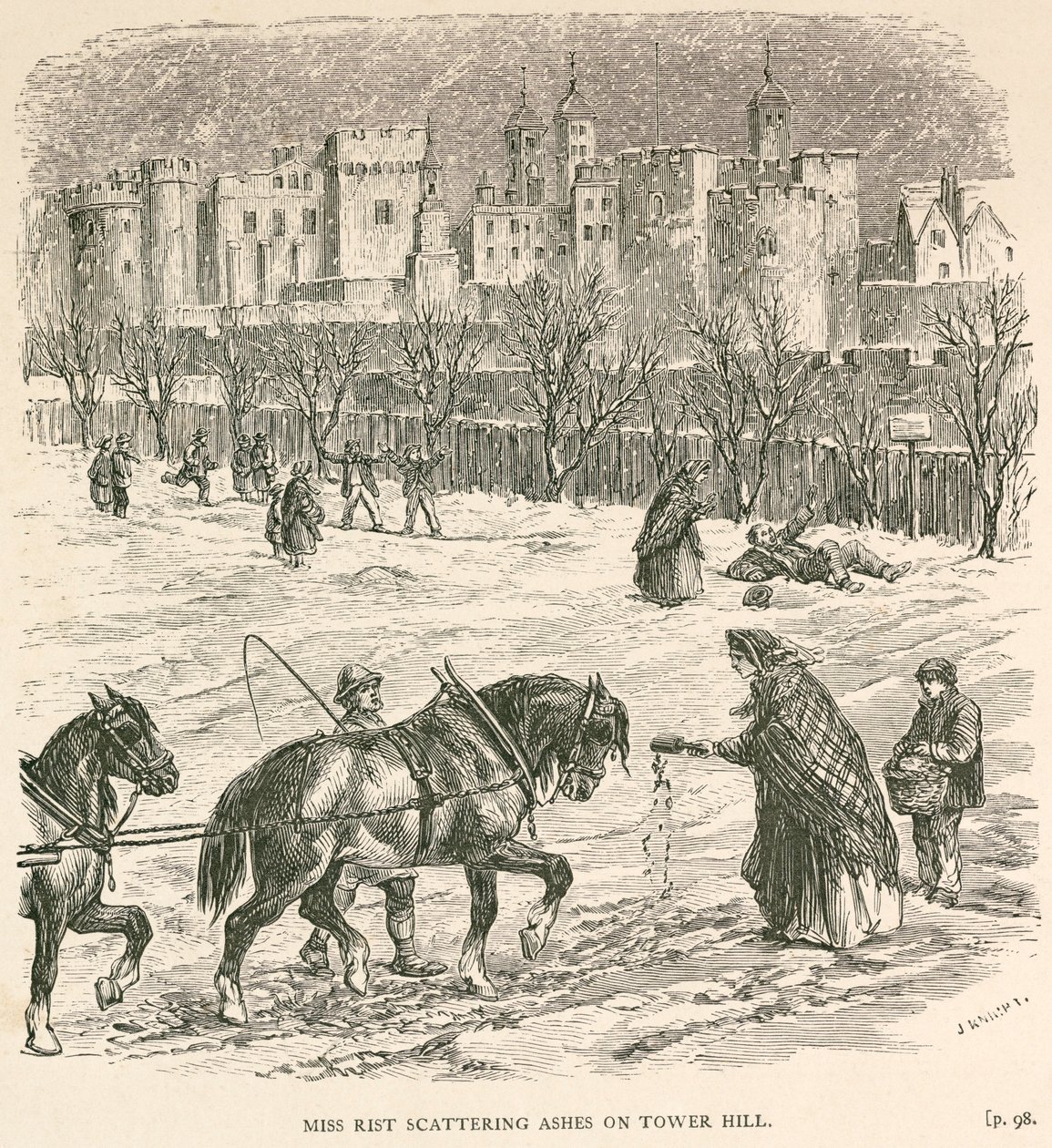 Miss Rist scattering ashes on Tower Hill, London by J Knight