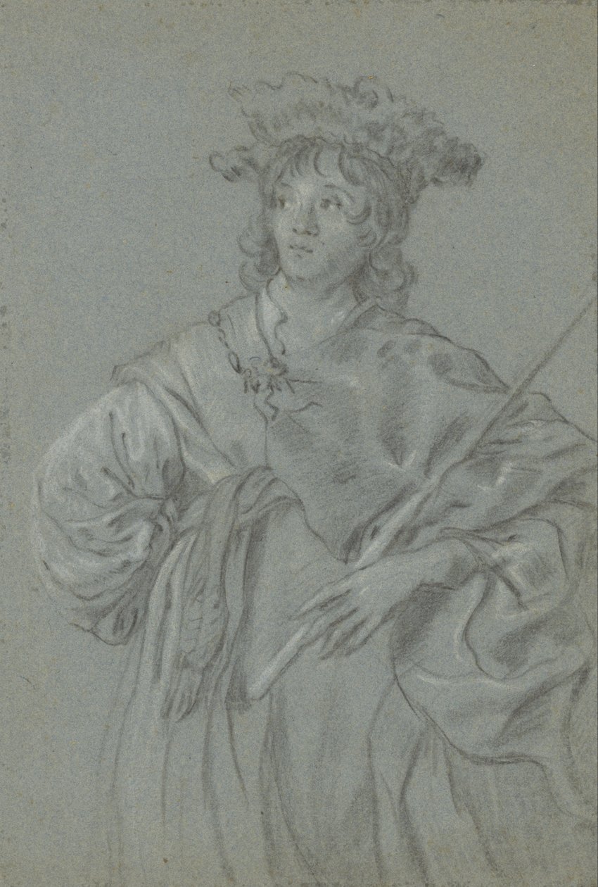 A Young Man with a Fur Hat Holding a Staff (recto); Study of the Head of a Man with a White Collar (detail) by Jacob Adriaensz Backer