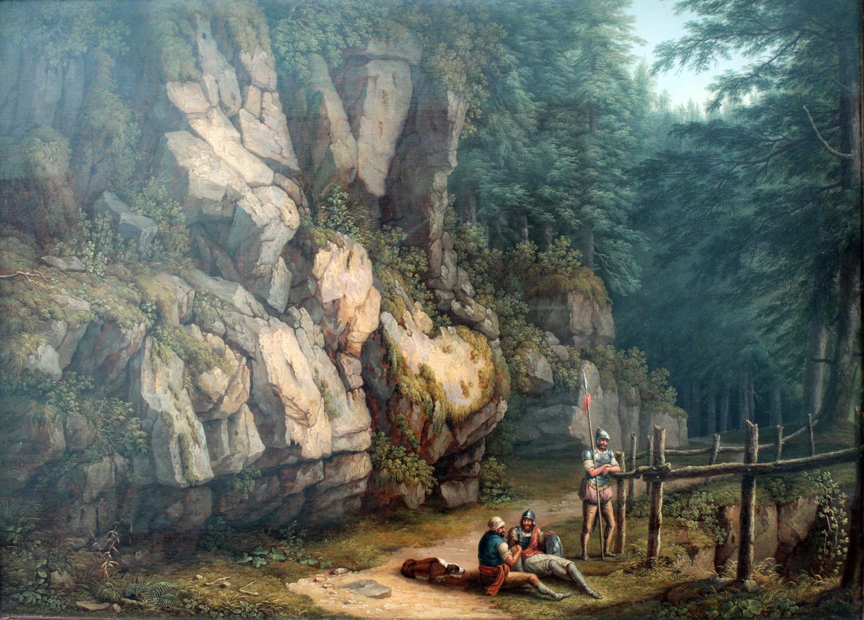 Two Warriors in a Landscape of Trees and Rocks by Jacob-Philippe Hackert