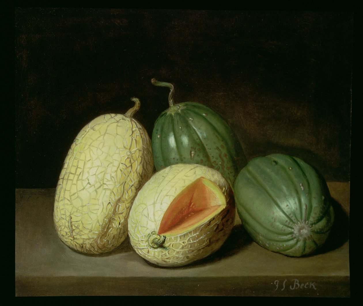 A Still Life with Melons on a Ledge by Jacob Samuel Beck