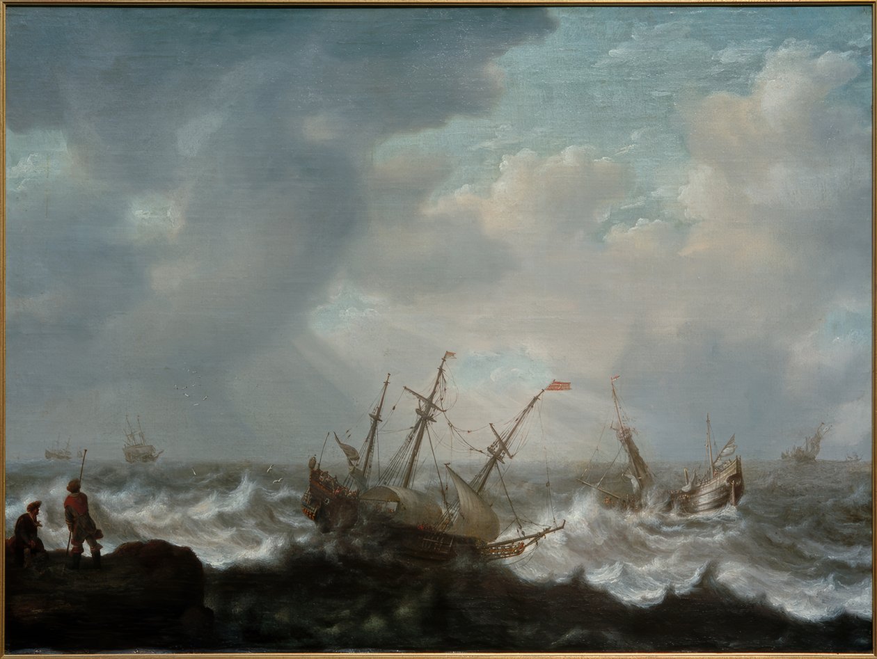 Three-Master and Other Ships in Stormy Sea by Jacob Adriaensz Bellevois