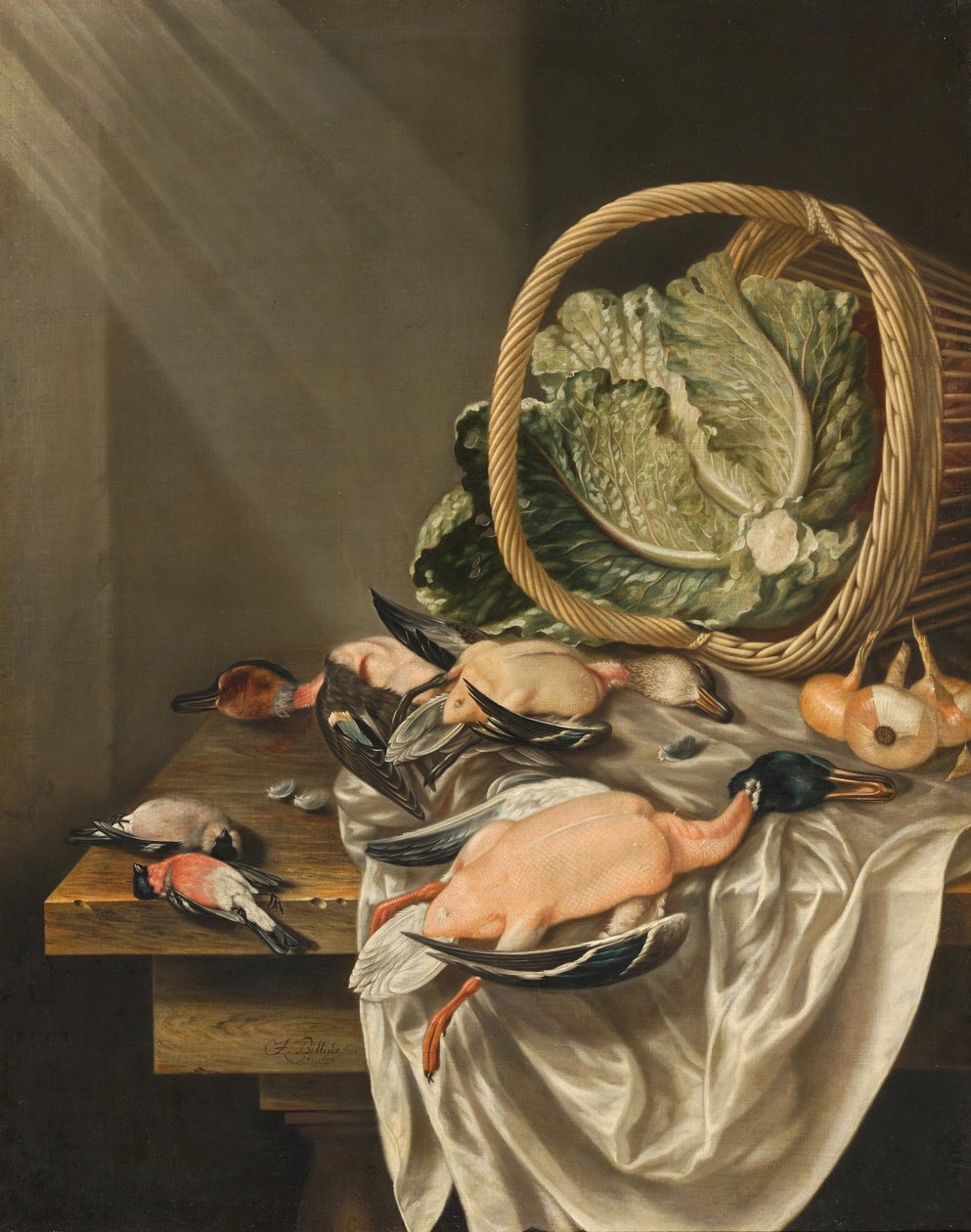 Kitchen Still Life with an Overturned Basket of Lettuce, Game and Vegetables by Jacob Biltius